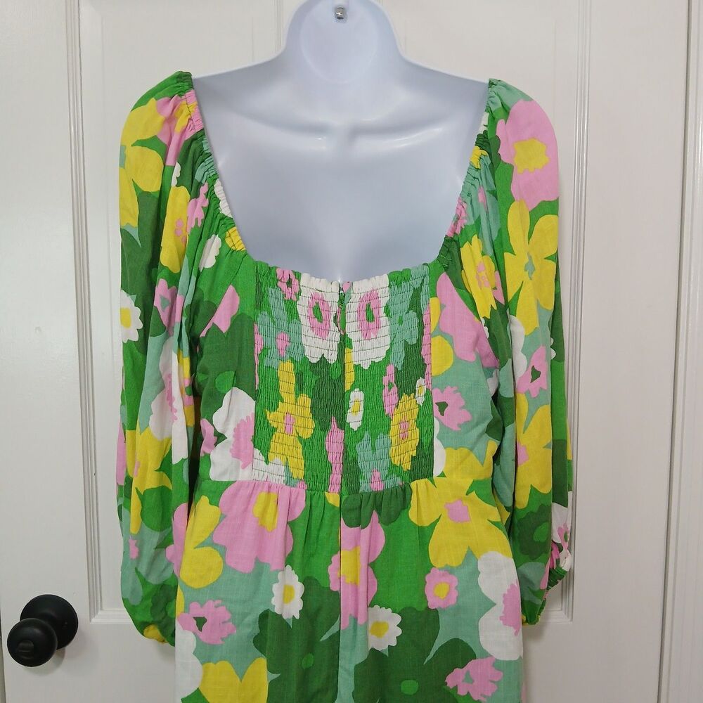 Sugarlips Women's Large Green Floral Mini Dress Puff Sleeve Square Neck - Picture 8 of 16